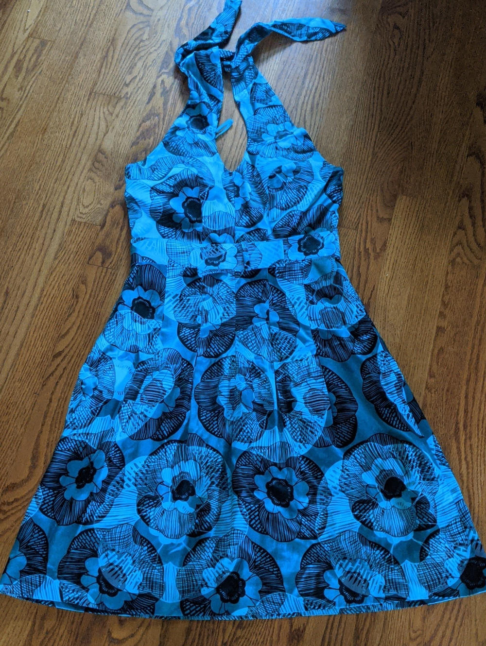Etcetera Blue Halter Dress with Black Floral Print Size 8
